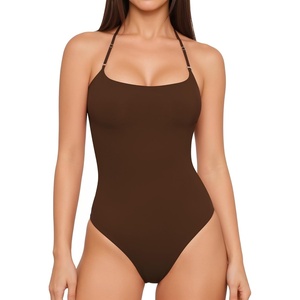image:imageMANGOPOP Womens Halter Spaghetti Strap Tank Top Bodysuit Double Lined Thong Body Suits Going Out Cami TopsCoffee