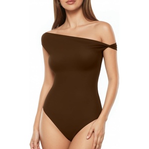 image:imageMANGOPOP Womens Off The Shoulder Double Lined Bodysuit Versatile Thong Body Suit Going Out Summer Trendy TopsCoffee