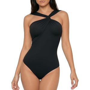 image:imageMANGOPOP Womens Sleeveless Twist Knot Asymmetrical Bodysuit Double Lined Sexy Thong Body Suit Top 202601 Black