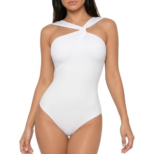 image:imageMANGOPOP Womens Sleeveless Twist Knot Asymmetrical Bodysuit Double Lined Sexy Thong Body Suit Top 202602 White