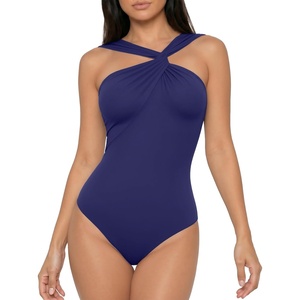 image:imageMANGOPOP Womens Sleeveless Twist Knot Asymmetrical Bodysuit Double Lined Sexy Thong Body Suit Top 2026Deep Blue