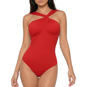 image:imageMANGOPOP Womens Sleeveless Twist Knot Asymmetrical Bodysuit Double Lined Sexy Thong Body Suit Top 2026Red