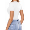 image:imageMANGOPOP Long Sleeve Body Suit Mock Turtle Neck Zip Up Bodysuit for Women Ribbed Deep V Sexy Bodysuit Shirts01short Sleeve White