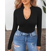 image:imageMANGOPOP Long Sleeve Body Suit Mock Turtle Neck Zip Up Bodysuit for Women Ribbed Deep V Sexy Bodysuit Shirts02long Sleeve Black
