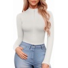 image:imageMANGOPOP Long Sleeve Body Suit Mock Turtle Neck Zip Up Bodysuit for Women Ribbed Deep V Sexy Bodysuit Shirts02long Sleeve White