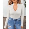 image:imageMANGOPOP Long Sleeve Body Suit Mock Turtle Neck Zip Up Bodysuit for Women Ribbed Deep V Sexy Bodysuit Shirts02long Sleeve White