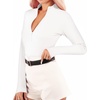 image:imageMANGOPOP Long Sleeve Body Suit Mock Turtle Neck Zip Up Bodysuit for Women Ribbed Deep V Sexy Bodysuit Shirts04fleece Lined White