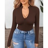 image:imageMANGOPOP Long Sleeve Body Suit Mock Turtle Neck Zip Up Bodysuit for Women Ribbed Deep V Sexy Bodysuit Shirts06long Sleeve Coffee