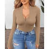 image:imageMANGOPOP Long Sleeve Body Suit Mock Turtle Neck Zip Up Bodysuit for Women Ribbed Deep V Sexy Bodysuit Shirts06long Sleeve Mocha
