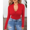 image:imageMANGOPOP Long Sleeve Body Suit Mock Turtle Neck Zip Up Bodysuit for Women Ribbed Deep V Sexy Bodysuit Shirts06long Sleeve Red