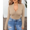 image:imageMANGOPOP Long Sleeve Body Suit Mock Turtle Neck Zip Up Bodysuit for Women Ribbed Deep V Sexy Bodysuit Shirts06long Sleeve Semolina