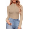 image:imageMANGOPOP Long Sleeve Body Suit Mock Turtle Neck Zip Up Bodysuit for Women Ribbed Deep V Sexy Bodysuit Shirts06long Sleeve Semolina