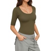 image:imageMANGOPOP Sexy Half Sleeve Tops for Women Scoop Neck Slim Fitted Casual Going Out T Shirt Tops 2026 TrendyArmy Green