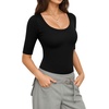 image:imageMANGOPOP Sexy Half Sleeve Tops for Women Scoop Neck Slim Fitted Casual Going Out T Shirt Tops 2026 TrendyBlack