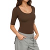 image:imageMANGOPOP Sexy Half Sleeve Tops for Women Scoop Neck Slim Fitted Casual Going Out T Shirt Tops 2026 TrendyBrown Coffee