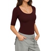 image:imageMANGOPOP Sexy Half Sleeve Tops for Women Scoop Neck Slim Fitted Casual Going Out T Shirt Tops 2026 TrendyBurgundy