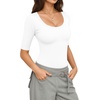 image:imageMANGOPOP Sexy Half Sleeve Tops for Women Scoop Neck Slim Fitted Casual Going Out T Shirt Tops 2026 TrendyCreamy White