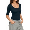 image:imageMANGOPOP Sexy Half Sleeve Tops for Women Scoop Neck Slim Fitted Casual Going Out T Shirt Tops 2026 TrendyDeep Blue