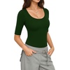 image:imageMANGOPOP Sexy Half Sleeve Tops for Women Scoop Neck Slim Fitted Casual Going Out T Shirt Tops 2026 TrendyDeep Green