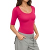 image:imageMANGOPOP Sexy Half Sleeve Tops for Women Scoop Neck Slim Fitted Casual Going Out T Shirt Tops 2026 TrendyRose Pink