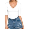 image:imageMANGOPOP Womens V Neck Half Sleeve Bodysuit 34 Sleeve Slim Fitted Body Suit Sexy Going Out Shirts TopsA02 White