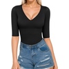 image:imageMANGOPOP Womens V Neck Half Sleeve Bodysuit 34 Sleeve Slim Fitted Body Suit Sexy Going Out Shirts TopsBlackttttttttt