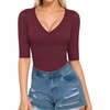 image:imageMANGOPOP Womens V Neck Half Sleeve Bodysuit 34 Sleeve Slim Fitted Body Suit Sexy Going Out Shirts TopsBurgundy