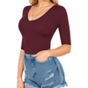 image:imageMANGOPOP Womens V Neck Half Sleeve Bodysuit 34 Sleeve Slim Fitted Body Suit Sexy Going Out Shirts TopsBurgundy