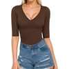 image:imageMANGOPOP Womens V Neck Half Sleeve Bodysuit 34 Sleeve Slim Fitted Body Suit Sexy Going Out Shirts TopsCoffee