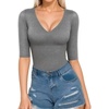 image:imageMANGOPOP Womens V Neck Half Sleeve Bodysuit 34 Sleeve Slim Fitted Body Suit Sexy Going Out Shirts TopsDark Grey
