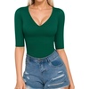 image:imageMANGOPOP Womens V Neck Half Sleeve Bodysuit 34 Sleeve Slim Fitted Body Suit Sexy Going Out Shirts TopsDeep Green