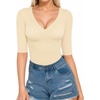 image:imageMANGOPOP Womens V Neck Half Sleeve Bodysuit 34 Sleeve Slim Fitted Body Suit Sexy Going Out Shirts TopsLight Apricot