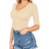 image:imageMANGOPOP Womens V Neck Half Sleeve Bodysuit 34 Sleeve Slim Fitted Body Suit Sexy Going Out Shirts TopsLight Apricot