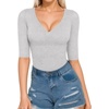 image:imageMANGOPOP Womens V Neck Half Sleeve Bodysuit 34 Sleeve Slim Fitted Body Suit Sexy Going Out Shirts TopsLight Grey