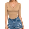 image:imageMANGOPOP Womens V Neck Half Sleeve Bodysuit 34 Sleeve Slim Fitted Body Suit Sexy Going Out Shirts TopsMocha