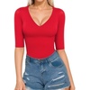 image:imageMANGOPOP Womens V Neck Half Sleeve Bodysuit 34 Sleeve Slim Fitted Body Suit Sexy Going Out Shirts TopsRed
