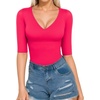 image:imageMANGOPOP Womens V Neck Half Sleeve Bodysuit 34 Sleeve Slim Fitted Body Suit Sexy Going Out Shirts TopsRose Pink