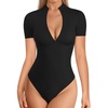 image:imageMANGOPOP Long Sleeve Body Suit Mock Turtle Neck Zip Up Bodysuit for Women Ribbed Deep V Sexy Bodysuit Shirts01short Sleeve Black