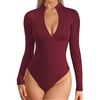 image:imageMANGOPOP Long Sleeve Body Suit Mock Turtle Neck Zip Up Bodysuit for Women Ribbed Deep V Sexy Bodysuit Shirts06long Sleeve Burgundy