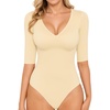 image:imageMANGOPOP Womens V Neck Half Sleeve Bodysuit 34 Sleeve Slim Fitted Body Suit Sexy Going Out Shirts TopsLight Apricot