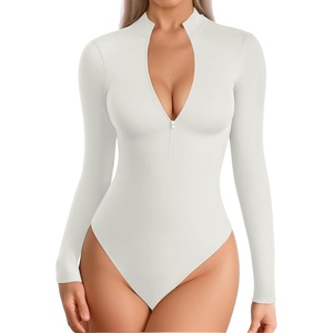 image:imageMANGOPOP Long Sleeve Body Suit Mock Turtle Neck Zip Up Bodysuit for Women Ribbed Deep V Sexy Bodysuit Shirts02long Sleeve White