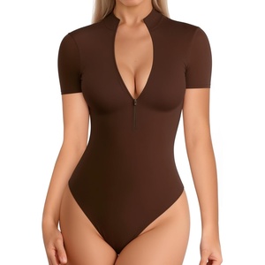 image:imageMANGOPOP Long Sleeve Body Suit Mock Turtle Neck Zip Up Bodysuit for Women Ribbed Deep V Sexy Bodysuit Shirts05short Sleeve Coffee