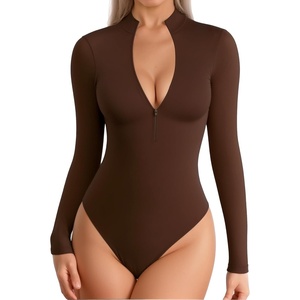 image:imageMANGOPOP Long Sleeve Body Suit Mock Turtle Neck Zip Up Bodysuit for Women Ribbed Deep V Sexy Bodysuit Shirts06long Sleeve Coffee