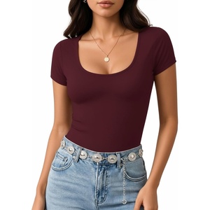image:imageMANGOPOP Womens Summer Scoop Neck Short Sleeve Slim Fit Tunic T ShirtBurgundy