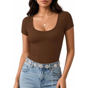 image:imageMANGOPOP Womens Summer Scoop Neck Short Sleeve Slim Fit Tunic T ShirtCoffee