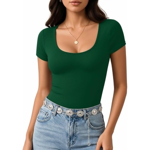 image:imageMANGOPOP Womens Summer Scoop Neck Short Sleeve Slim Fit Tunic T ShirtDeep Green