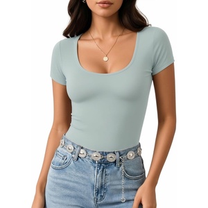 image:imageMANGOPOP Womens Summer Scoop Neck Short Sleeve Slim Fit Tunic T ShirtElephant Grey