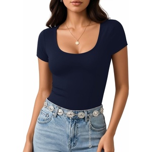 image:imageMANGOPOP Womens Summer Scoop Neck Short Sleeve Slim Fit Tunic T ShirtNavy Blue