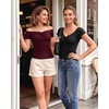 image:imageMANGOPOP Off The Shoulder Tops for Women Ruched Short Sleeve Going Out Shirt Cute Casual Basic Summer Outfits 2026Burgundy