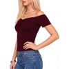 image:imageMANGOPOP Off The Shoulder Tops for Women Ruched Short Sleeve Going Out Shirt Cute Casual Basic Summer Outfits 2026Burgundy
